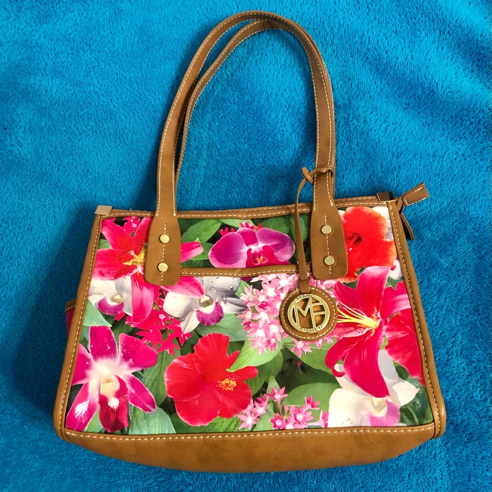 Marc Fisher Patent Leather Purse Pink Floral Brown Trim Handbag Double Handles